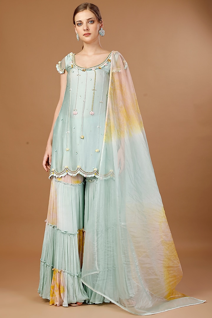 Blue & Peach Modal Satin Tie-Dye Printed Sharara Set by Merge Design