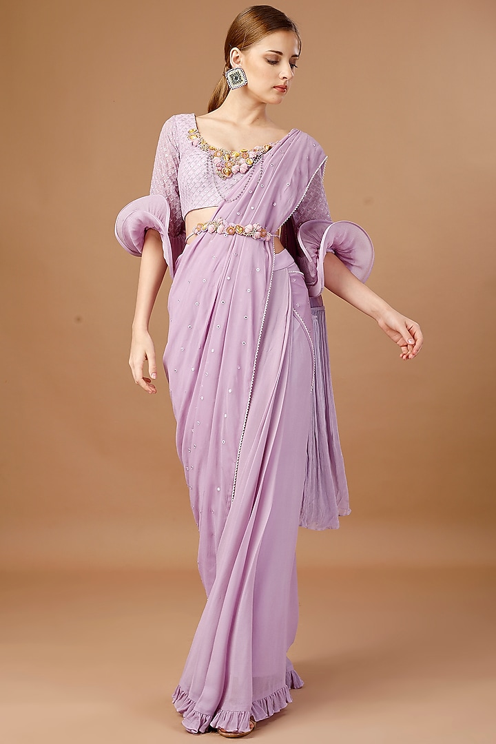 Lavender Georgette & Chiffon Draped Skirt Saree Set by Merge Design