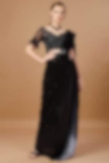Black & Grey Modal Satin Pre-Draped Saree Set by Merge Design