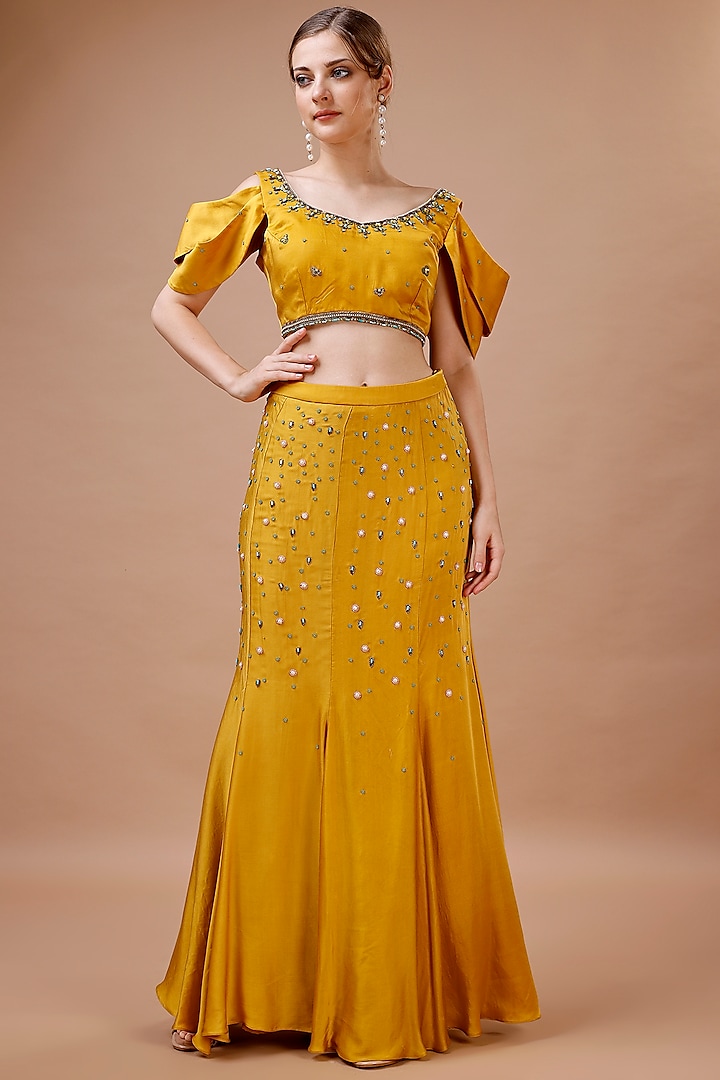 Yellow Modal Satin Sequins & Pearl Embroidered Fish-Cut Skirt Set by Merge Design