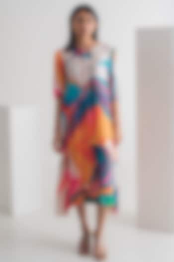 Multi-Colored Modal Silk Abstract Printed Midi Dress by Merakus
