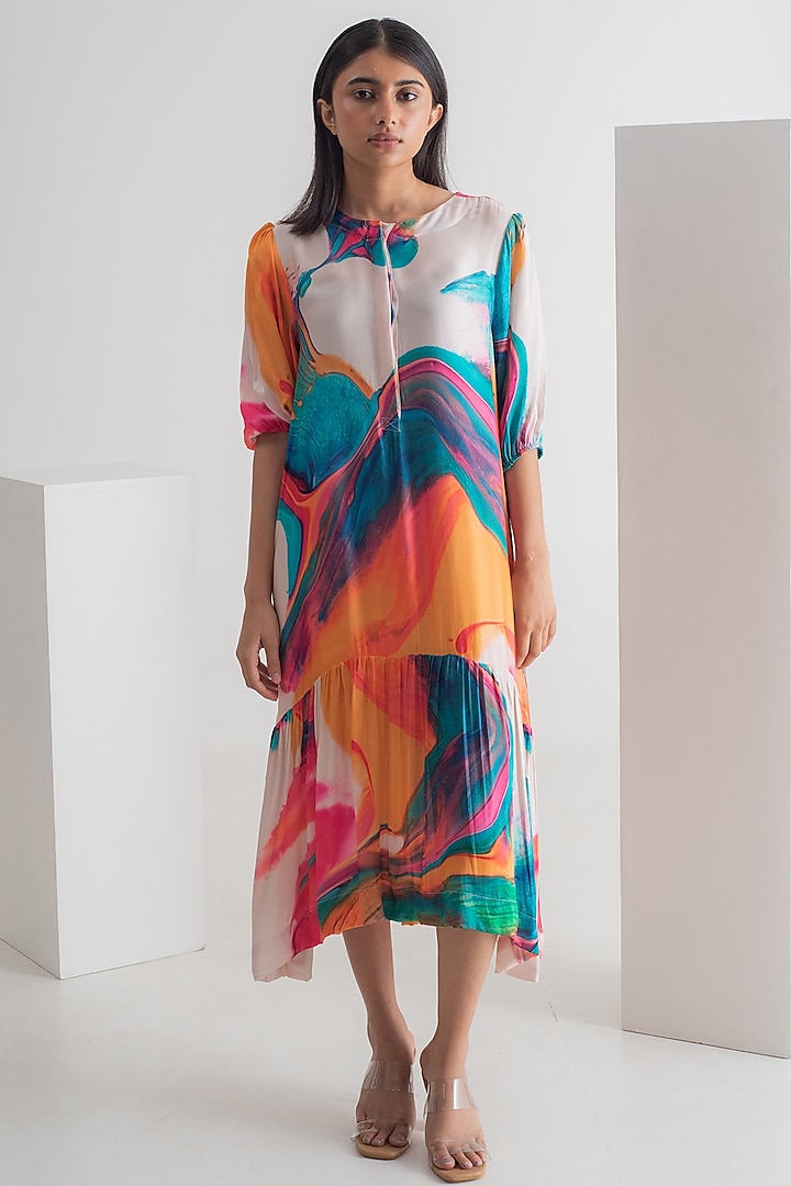 Multi-Colored Modal Silk Abstract Printed Midi Dress by Merakus