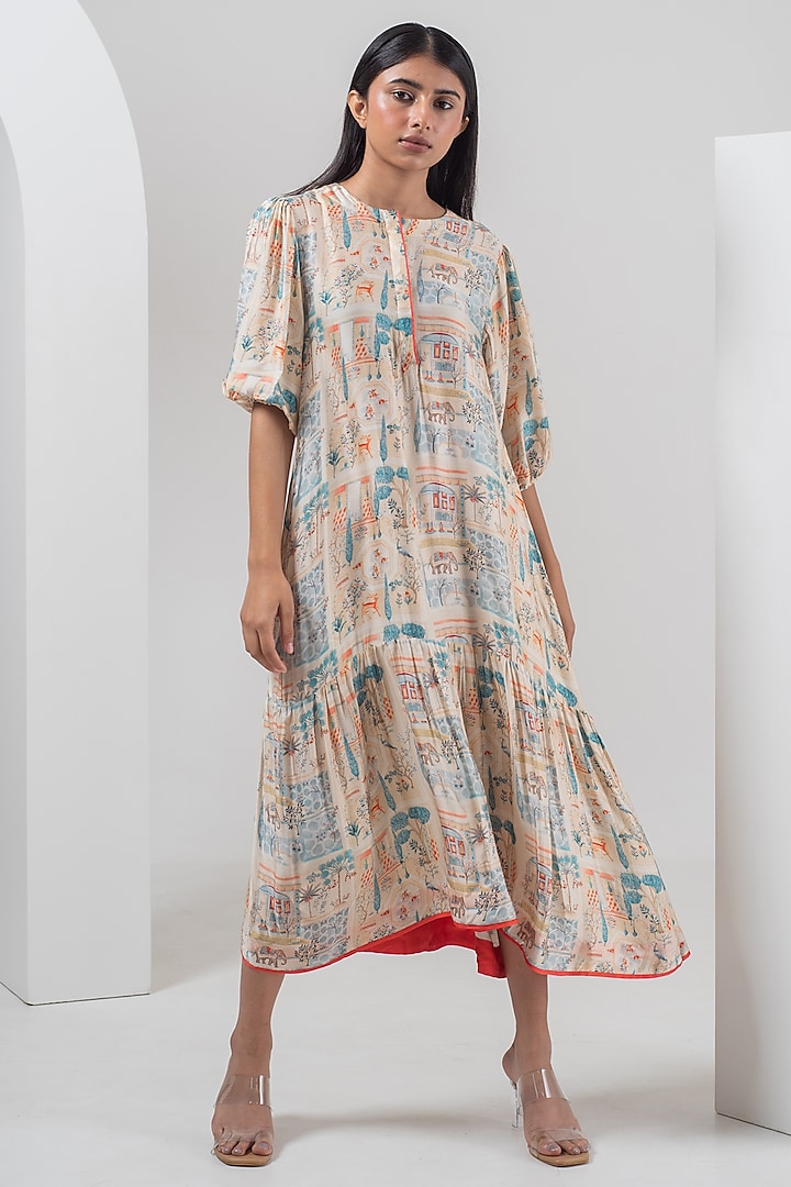 Multi-Colored Modal Silk Imperial Digital Printed Midi Dress by Merakus