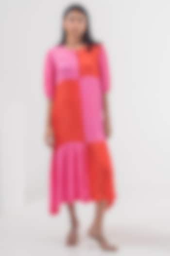 Red & Pink Modal Silk Color Blocked Midi Dress by Merakus