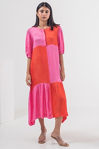 Red & Pink Modal Silk Color Blocked Midi Dress by Merakus
