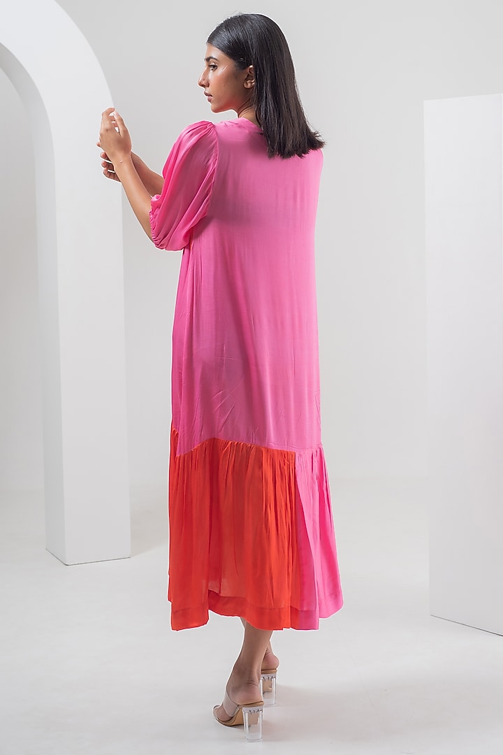 Red & Pink Modal Silk Color Blocked Midi Summer Dress by Merakus at Pernia's Pop Up Shop