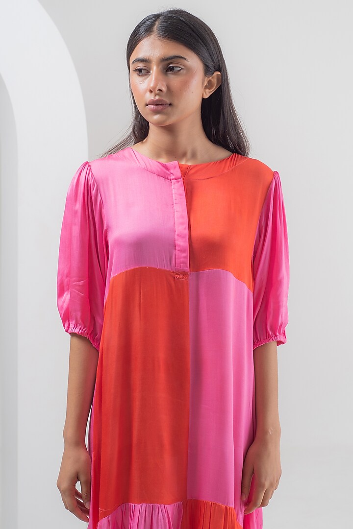 Red & Pink Modal Silk Color Blocked Midi Summer Dress by Merakus at Pernia's Pop Up Shop