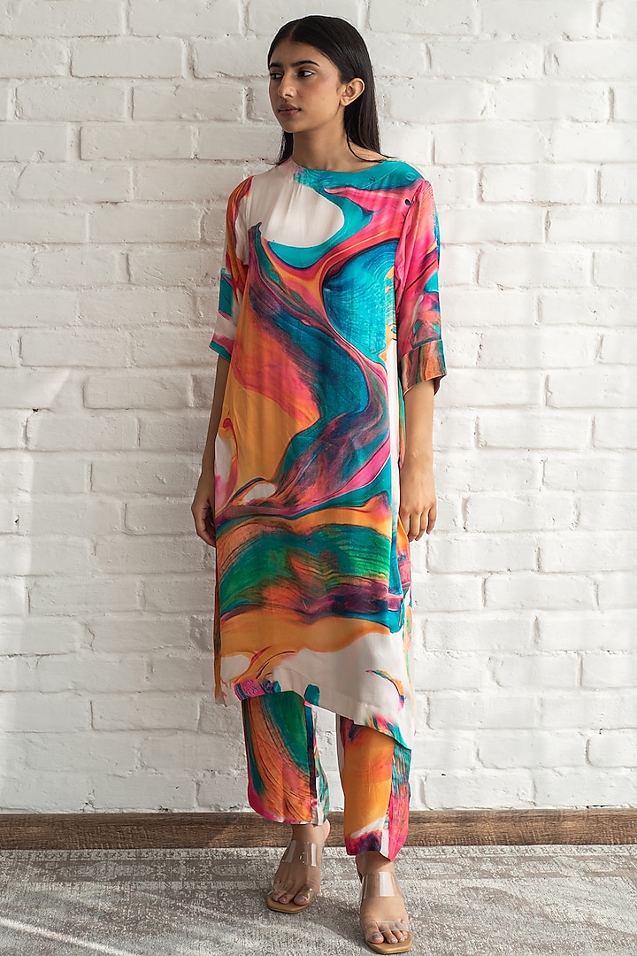 Multi-Colored Modal Silk Abstract Printed Kurta Set by Merakus