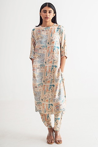 Multi-Colored Modal Silk Imperial Digital Printed Kurta Set by Merakus