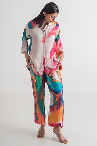 Multi-Colored Modal Silk Abstract Digital Printed Pant Set by Merakus