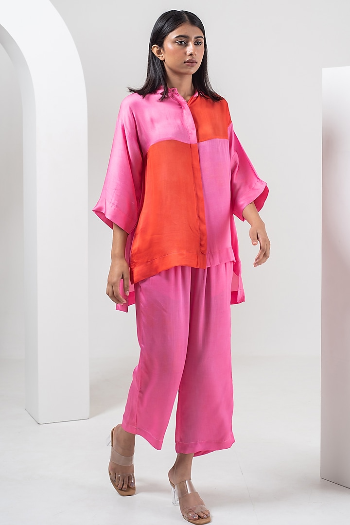 Red & Pink Modal Silk Color Blocked Pant Set by Merakus