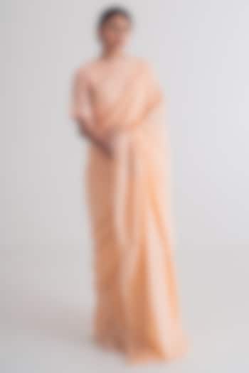 Peach Cotton Zari Stripe Saree Set by Merakus