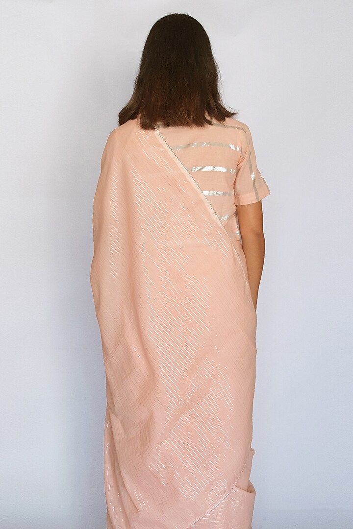 Peach Cotton Zari Stripe Festive Saree Set by Merakus at Pernia's Pop Up Shop