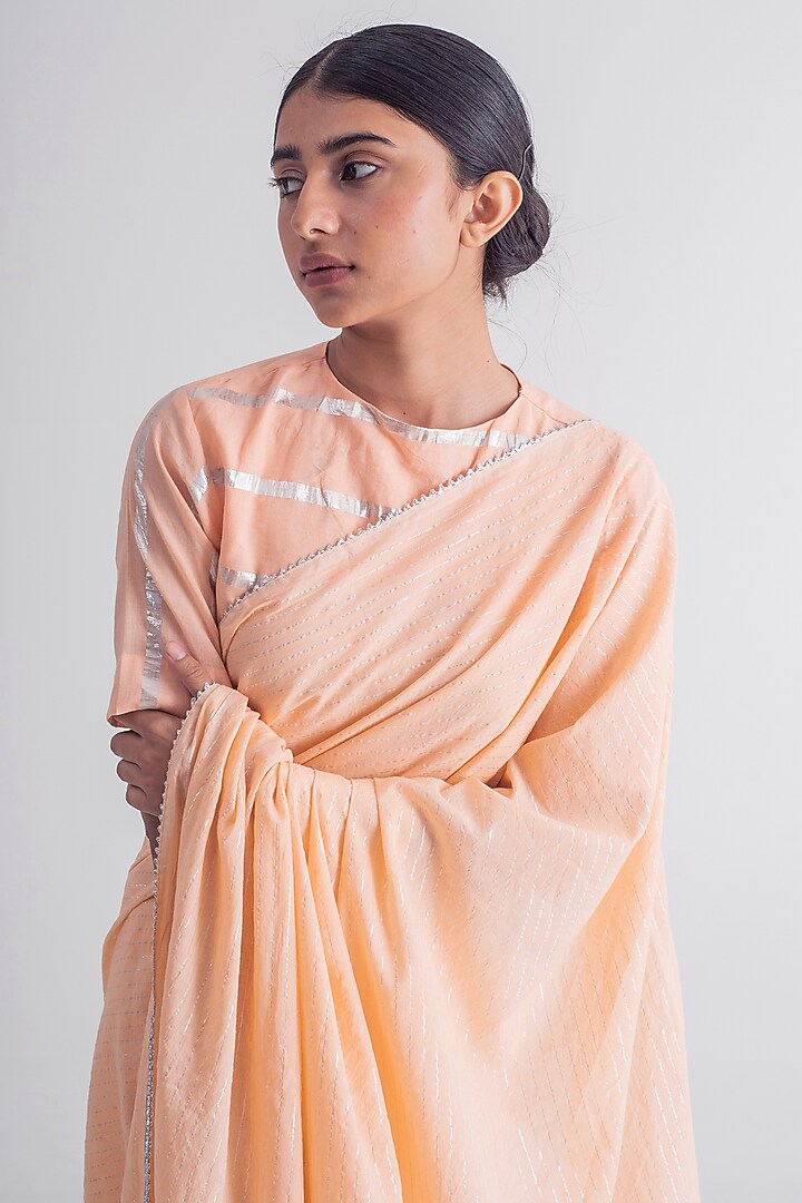 Peach Cotton Zari Stripe Festive Saree Set by Merakus at Pernia's Pop Up Shop