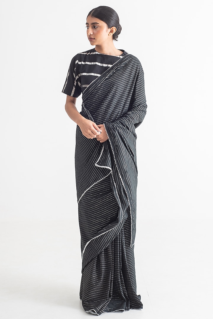 Black Cotton Zari Stripe Saree Set by Merakus