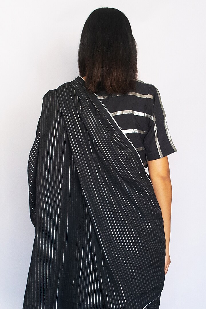 Black Cotton Zari Stripe Festive Saree Set by Merakus at Pernia's Pop Up Shop