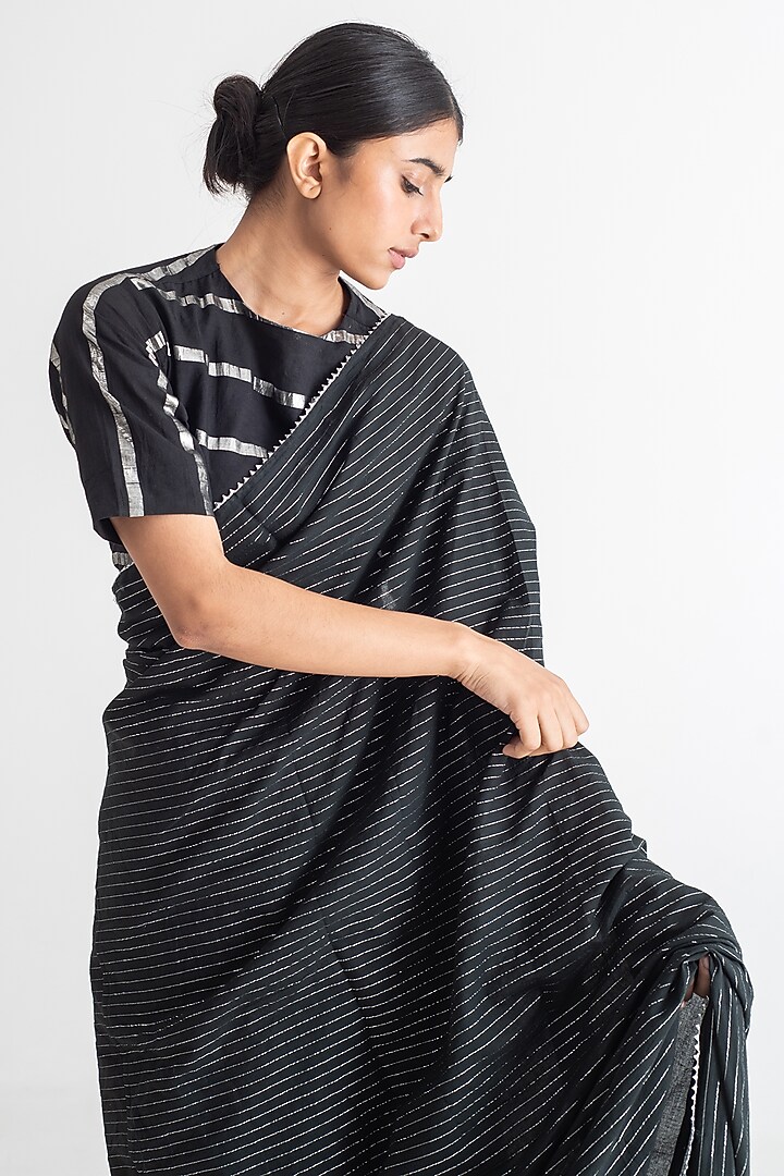 Black Cotton Zari Stripe Festive Saree Set by Merakus at Pernia's Pop Up Shop
