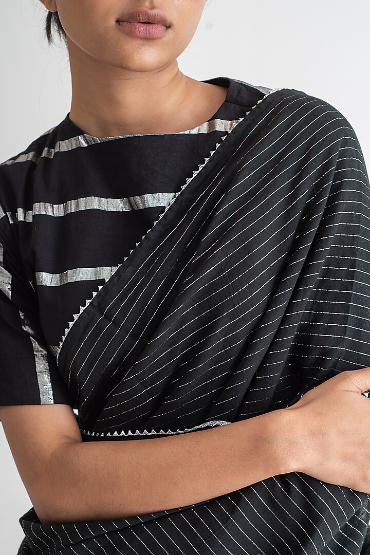 Black Cotton Zari Stripe Festive Saree Set by Merakus at Pernia's Pop Up Shop