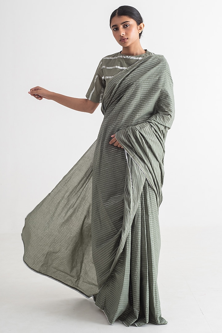 Sage Green Cotton Zari Stripe Saree Set by Merakus