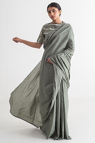 Buy Pastel Grey Saree with Sequins and Zari Work Blouse Online