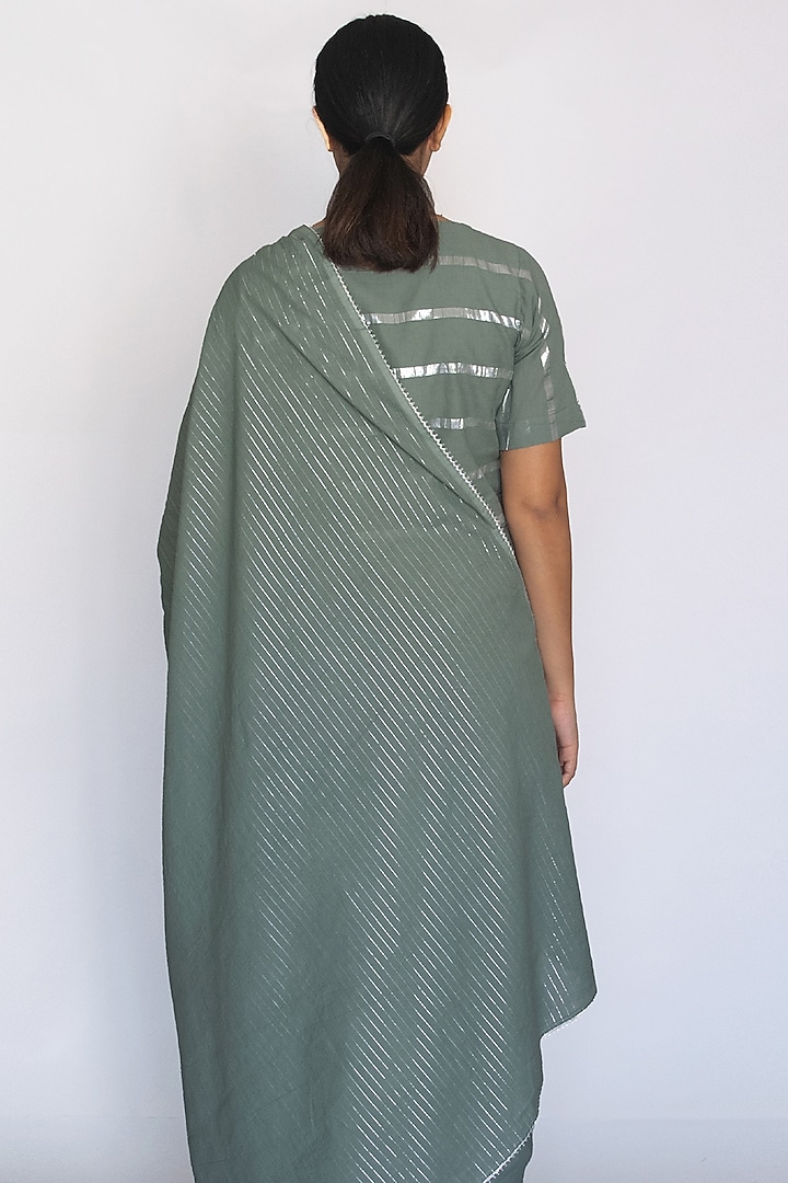 Sage Green Cotton Zari Stripe Festive Saree Set by Merakus at Pernia's Pop Up Shop