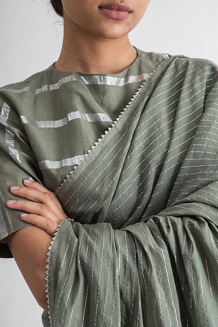 Sage Green Cotton Zari Stripe Festive Saree Set by Merakus at Pernia's Pop Up Shop