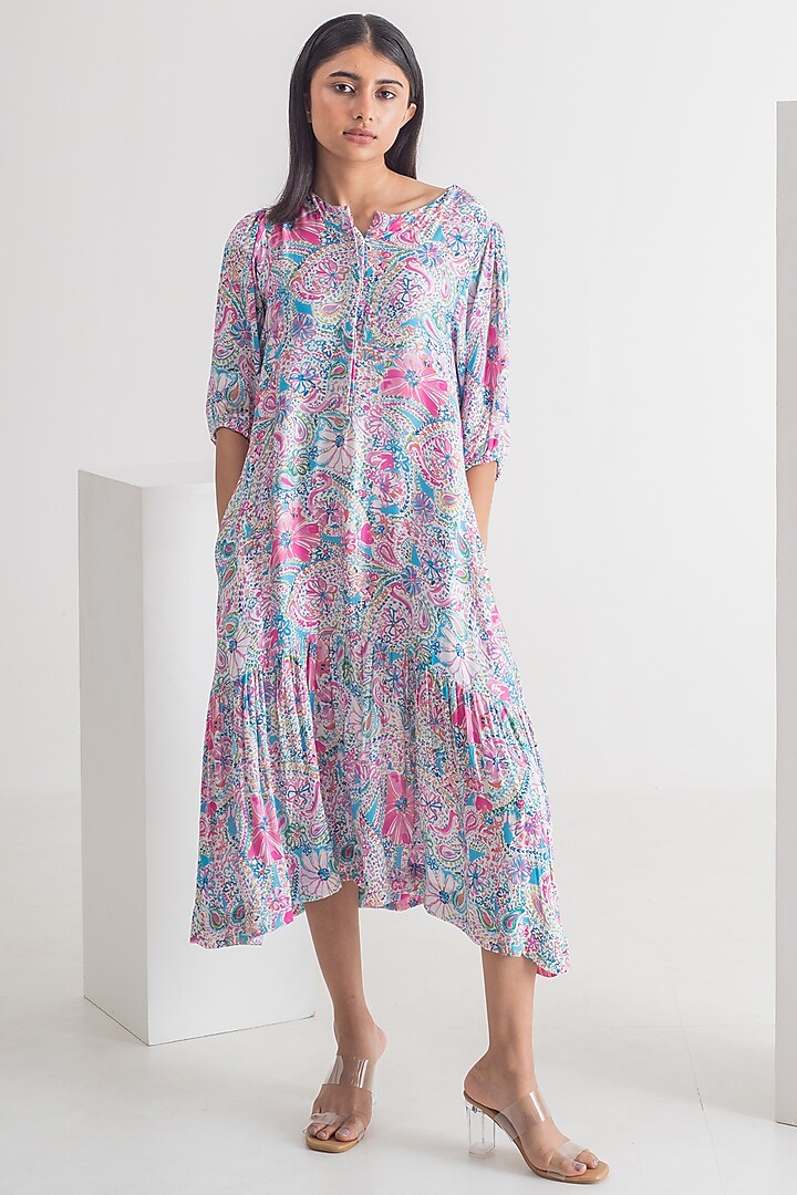 Multi-Colored Modal Silk Doodle Printed Midi Dress by Merakus