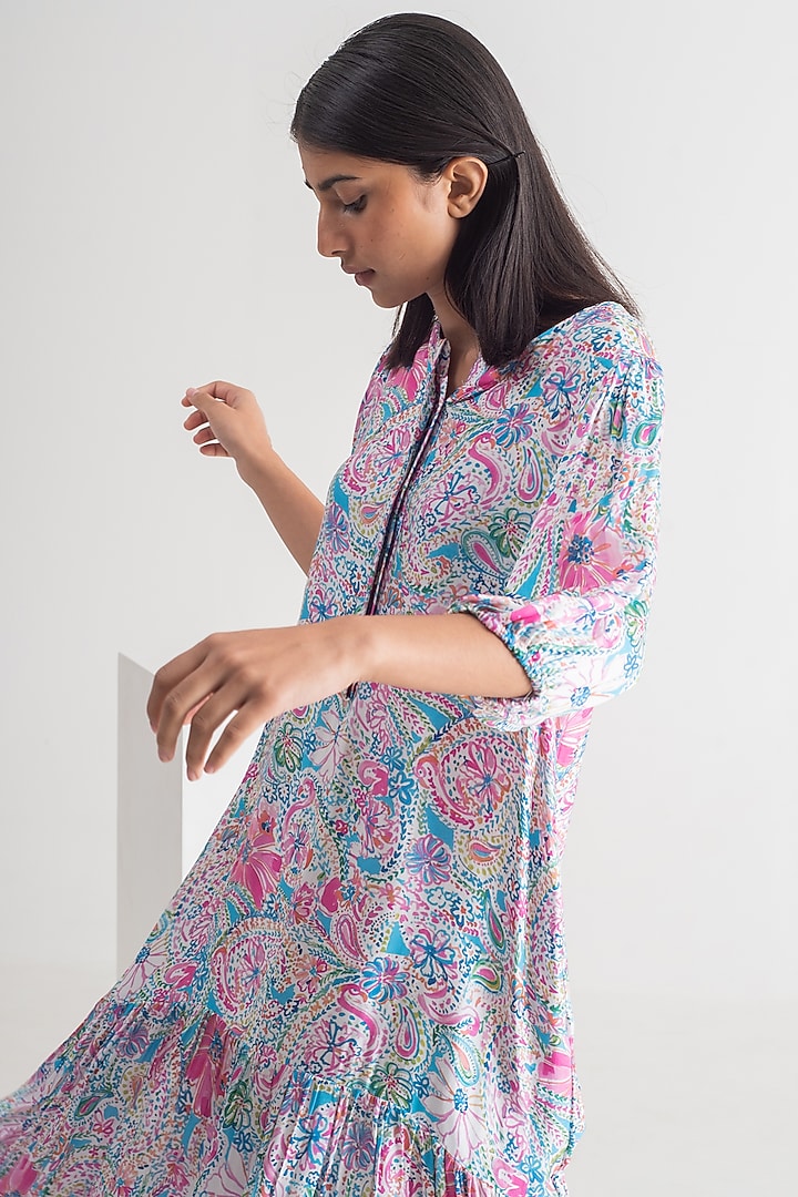 Multi-Colored Modal Silk Doodle Printed Midi Summer Dress by Merakus at Pernia's Pop Up Shop