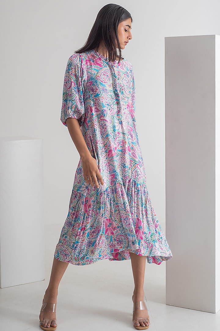 Multi-Colored Modal Silk Doodle Printed Midi Summer Dress by Merakus at Pernia's Pop Up Shop