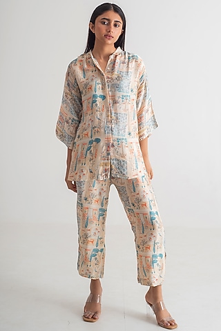 Multi-Colored Modal Silk lmperial Printed Co-Ord Set by Merakus