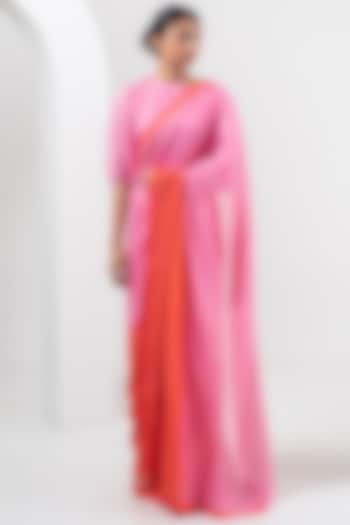 Pink & Orange Chanderi Ombre Saree Set by Merakus