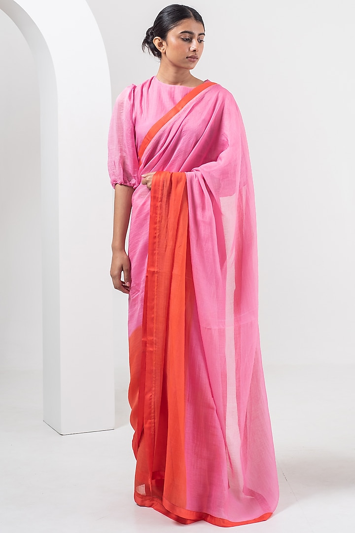 Pink & Orange Chanderi Ombre Saree Set by Merakus