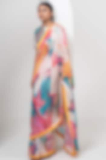 Multi-Colored Chanderi Abstract Printed Saree Set by Merakus