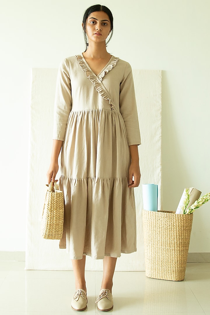Beige Cotton Linen Midi Dress by Merakus