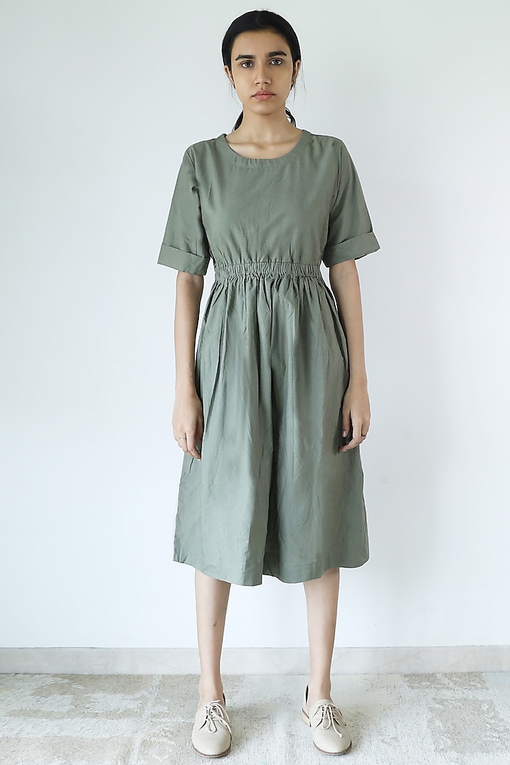 Olive Green Cotton Poplin Midi Dress by Merakus