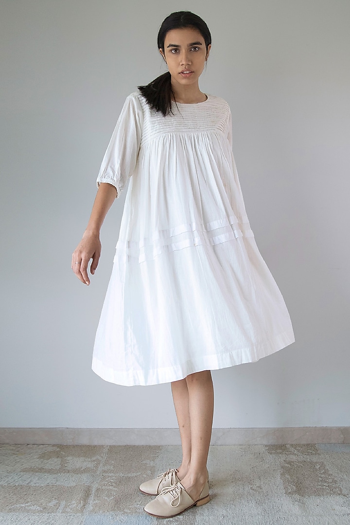 White Pure Cotton Pleated Dress by Merakus