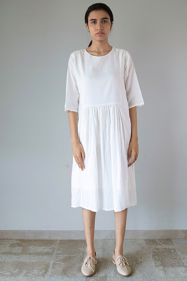 White Pure Cotton Gathered Dress by Merakus