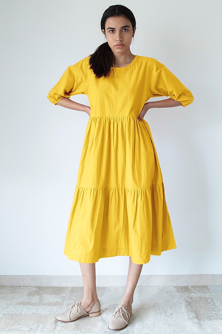 Yellow Cotton Poplin Tiered Dress by Merakus