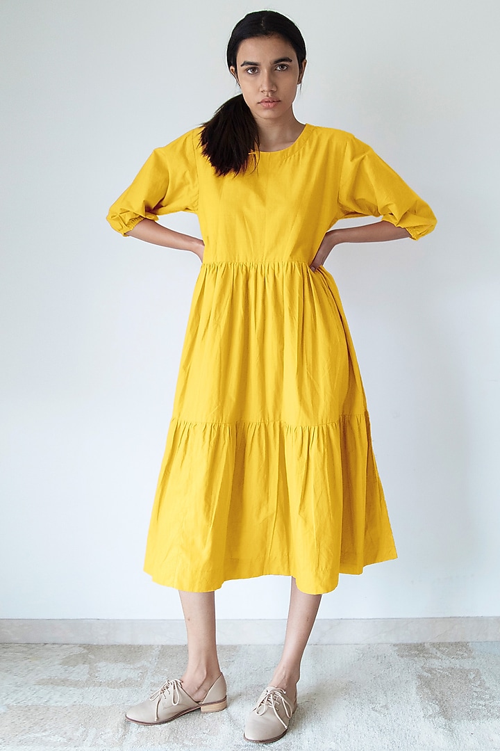 Yellow Cotton Poplin Tiered Summer Dress by Merakus at Pernia's Pop Up Shop