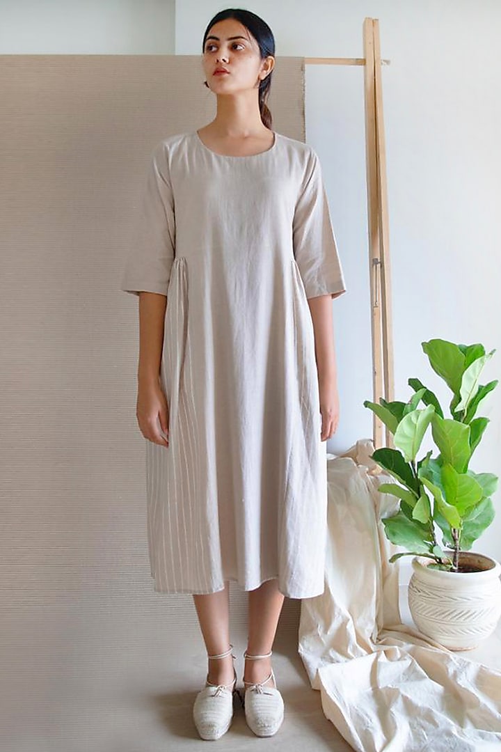 Beige Hand Block Printed Dress by Merakus