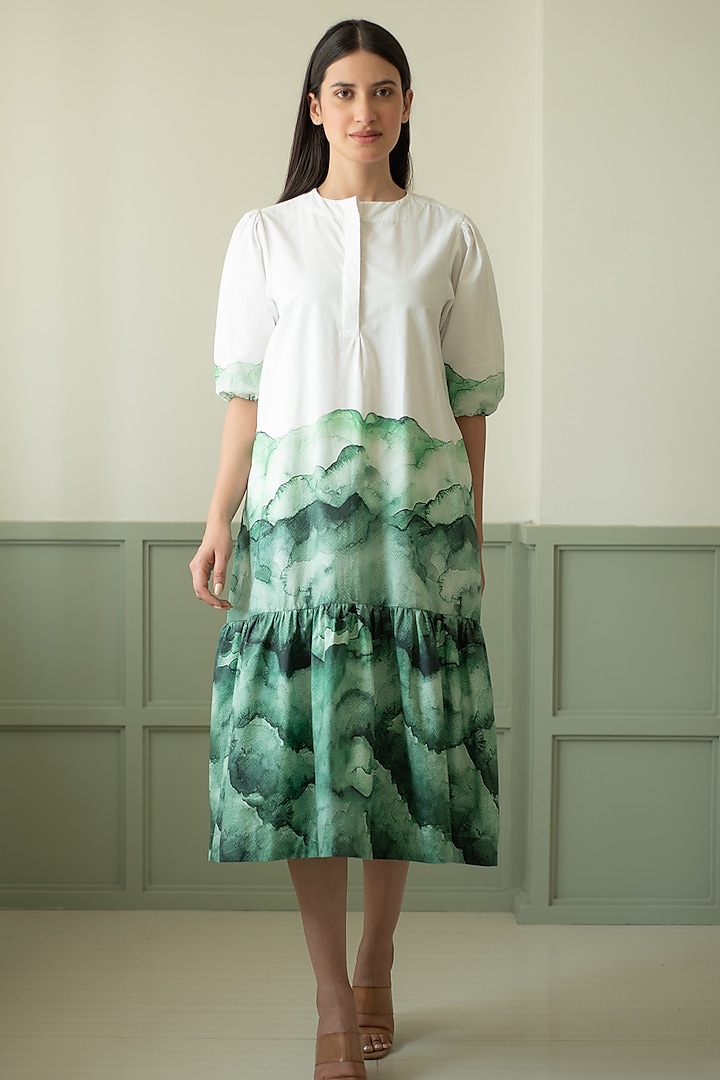 White & Green Cotton Floral Digital Printed Flared Dress by Merakus at Pernia's Pop Up Shop