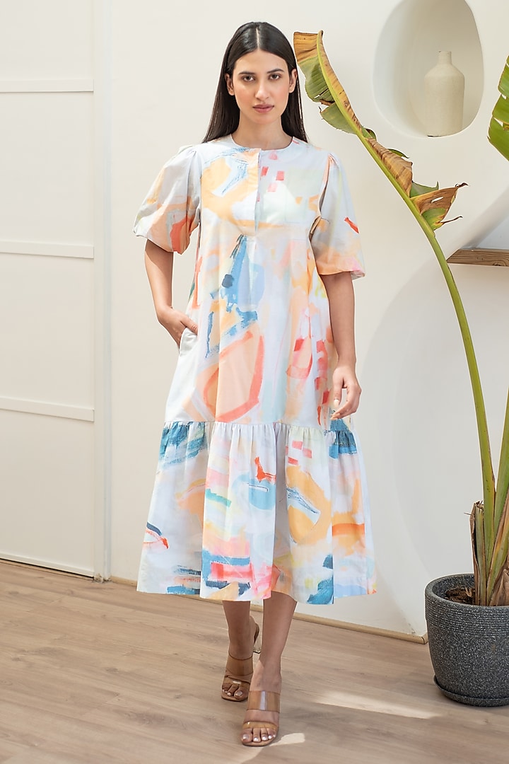 Multi-Colored Cotton Abstract Digital Printed Flared Dress by Merakus at Pernia's Pop Up Shop