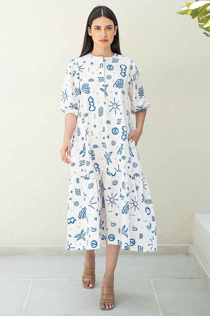 White & Blue Cotton Doodle Digital Printed Dress by Merakus at Pernia's Pop Up Shop