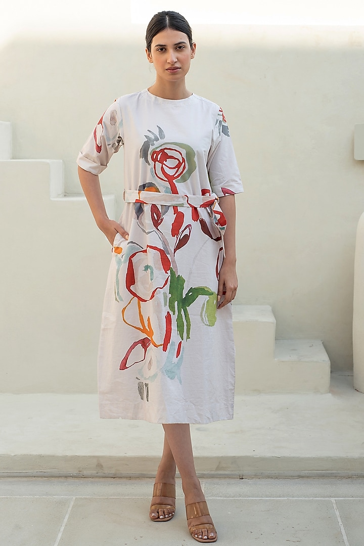 Multi-Colored Cotton Floral Digital Printed Dress With Belt by Merakus at Pernia's Pop Up Shop