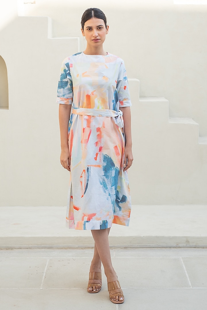 Multi-Colored Cotton Abstract Digital Printed Dress With Belt by Merakus at Pernia's Pop Up Shop