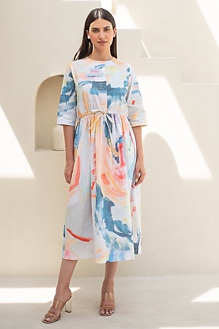 Multi-Colored Cotton Abstract Digital Printed Dress by Merakus