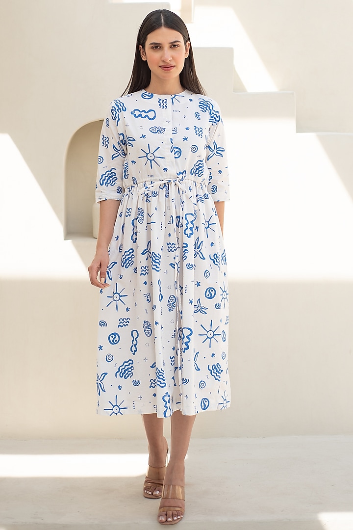 White & Blue Cotton Doodle Digital Printed Dress by Merakus at Pernia's Pop Up Shop