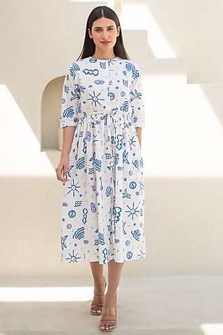 White & Blue Cotton Doodle Digital Printed Dress by Merakus