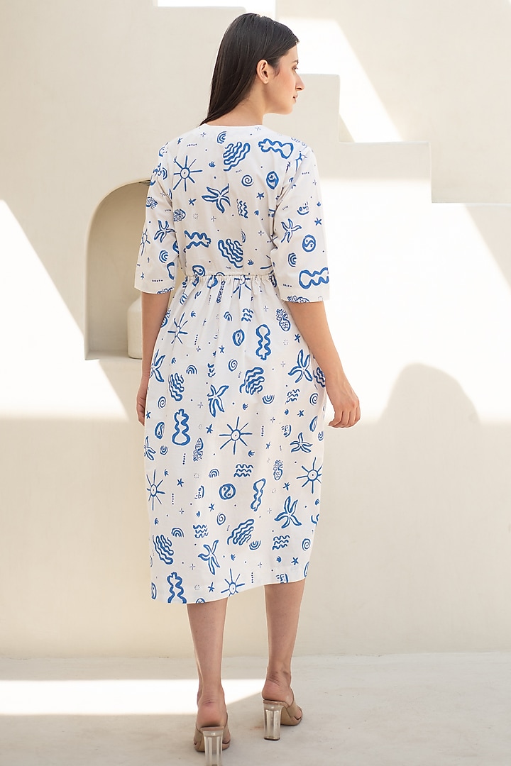 White & Blue Cotton Doodle Digital Printed Summer Dress by Merakus at Pernia's Pop Up Shop