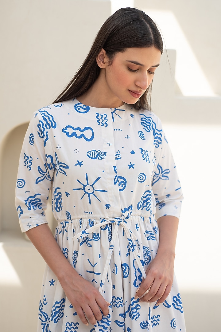 White & Blue Cotton Doodle Digital Printed Summer Dress by Merakus at Pernia's Pop Up Shop